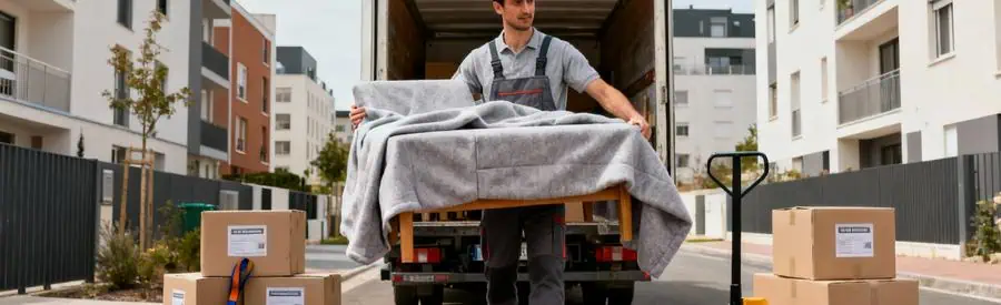 Déménageur professionnel manipulant un meuble protégé devant un camion dans un quartier résidentiel du Havre