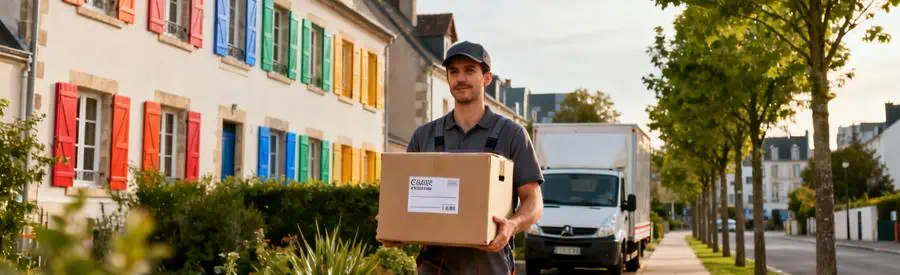Déménageur portant carton devant maison bretonne dans quartier résidentiel verdoyant de Rennes