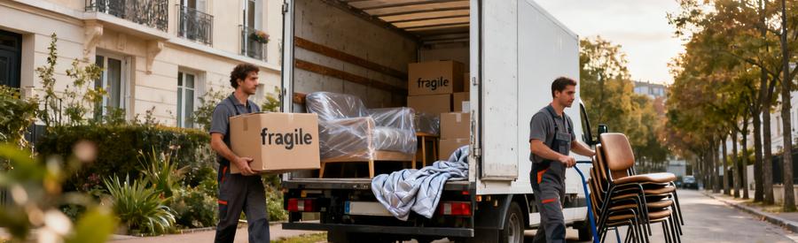 Déménageurs chargeant cartons et meubles dans camion devant immeuble résidentiel à Clamart