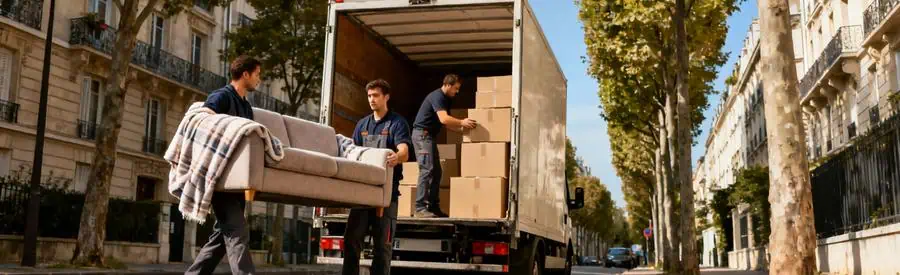 Déménageurs chargeant un camion dans une rue résidentielle arborée de Saint-Maur-des-Fossés Val-de-Marne