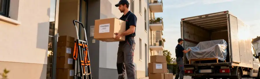 Déménageurs transportant cartons et meubles protégés entre immeuble et camion au Mans, illustration tarifs prestation