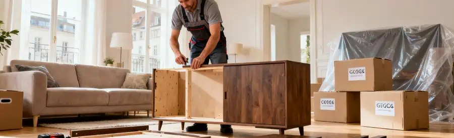 Déménageur démontant un meuble avec outils professionnels dans un salon à Strasbourg