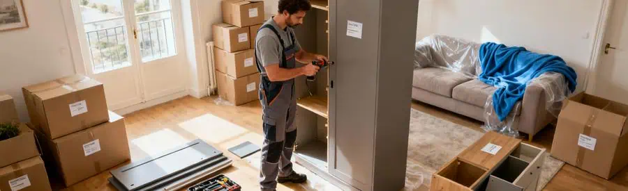 Déménageur démontant une armoire avec outils professionnels dans un salon à Brest