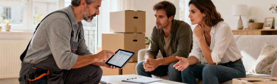 Devis Demenagement Avignon Comparaison Tarifs Déménageur présentant devis sur tablette à couple dans appartement avignonnais, consultation professionnelle