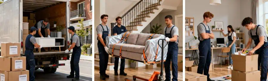 Trois scènes illustrant services déménagement résidentiel : appartement, maison, logement étudiant