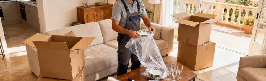 Déménageur emballant soigneusement de la vaisselle avec du papier bulle et cartons dans un salon à Nîmes