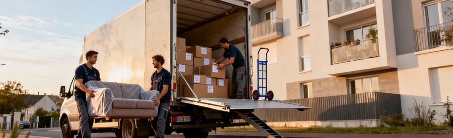Équipe de déménageurs chargeant un camion devant immeuble résidentiel à Angers avec mobilier protégé