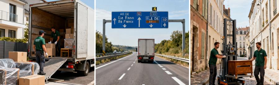 Trois étapes d'un déménagement à Lagny-sur-Marne : chargement, transport autoroutier et livraison centre-ville