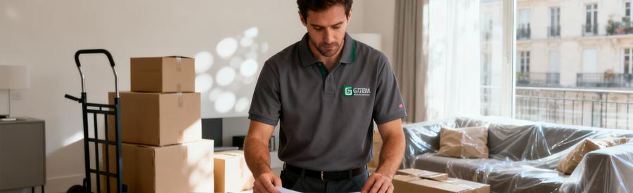 Déménageur consultant plusieurs offres papier dans salon avec cartons, évaluation tarifs déménagement Sartrouville