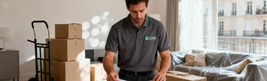 Déménageur consultant plusieurs offres papier dans salon avec cartons, évaluation tarifs déménagement Sartrouville