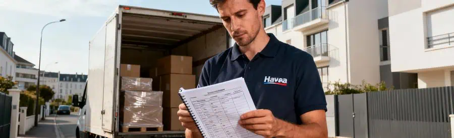 Déménageur consultant inventaire près camion dans rue résidentielle Le Havre pour évaluation tarifs locaux