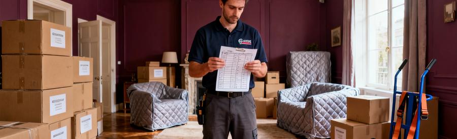 Déménageur évaluant le volume d'un appartement dijonnais avec inventaire détaillé et cartons étiquetés