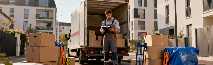 Evaluation Volume Demenagement Professionnel Limoges Déménageur professionnel évaluant le volume à transporter près de son camion dans un quartier de Limoges