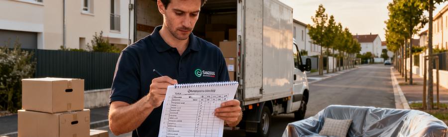 Evaluation Volume Demenagement Savigny Sur Orge Déménageur évaluant le volume d'un déménagement à Savigny-sur-Orge avec inventaire détaillé près du camion