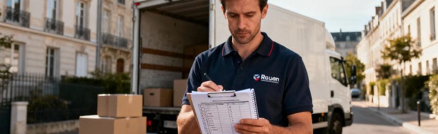 Déménageur professionnel évaluant volumes et prestations pour déménagement à Rouen, carnet inventaire en main