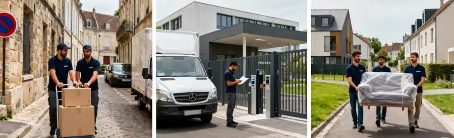 Trois environnements de Palaiseau : rues pavées du Vieux Palaiseau, accès campus sécurisé, quartier résidentiel moderne