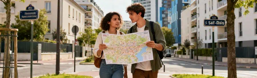 Couple explorant les quartiers résidentiels de Saint-Denis avant installation