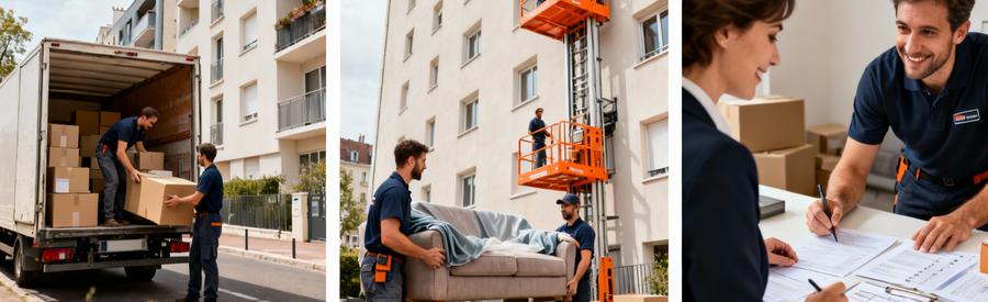 Trois scènes montrant les facteurs de tarification : chargement camion, monte-meubles et consultation offres