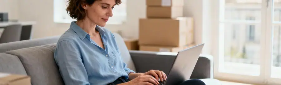 Femme remplissant formulaire déménagement en ligne sur ordinateur portable, salon moderne avec cartons