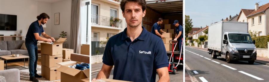 Triptyque illustrant formule économique : préparation autonome, chargement assisté et transport Sartrouville