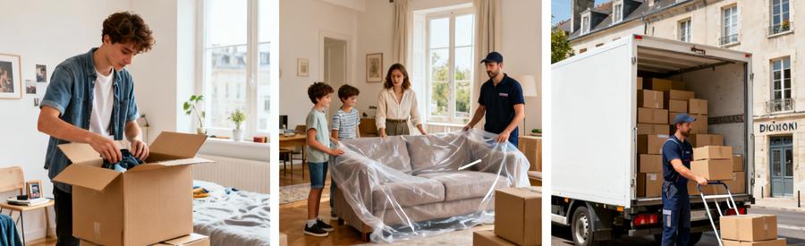 Trois situations de déménagement à Dijon : studio étudiant, maison familiale et chargement camion professionnel