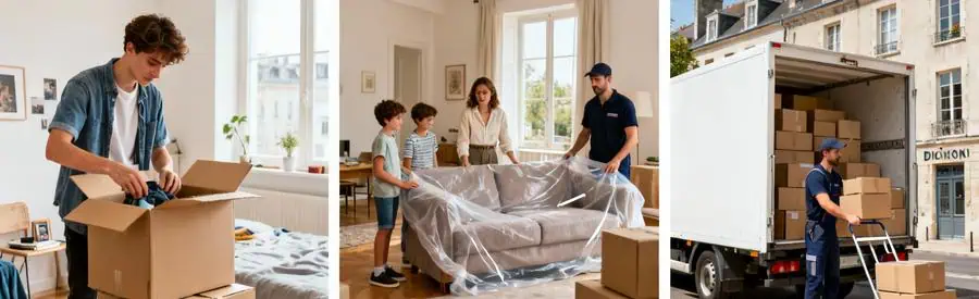 Trois situations de déménagement à Dijon : studio étudiant, maison familiale et chargement camion professionnel