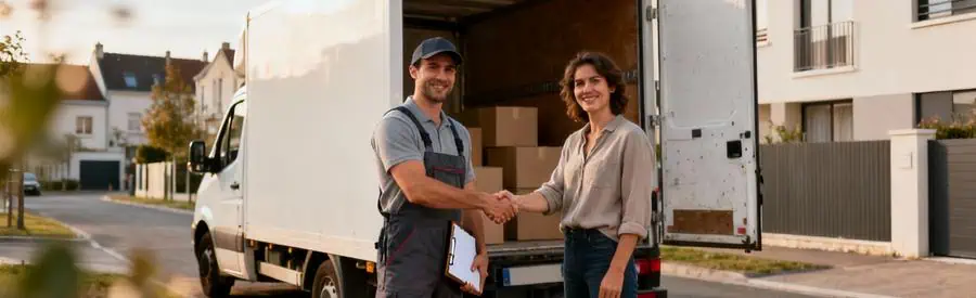 Déménageur professionnel et client se serrant la main devant camion de déménagement à Amiens, relation de confiance