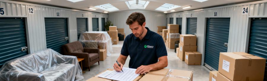 Déménageur organisant cartons dans box de garde-meuble sécurisé à Bordeaux pour stockage temporaire