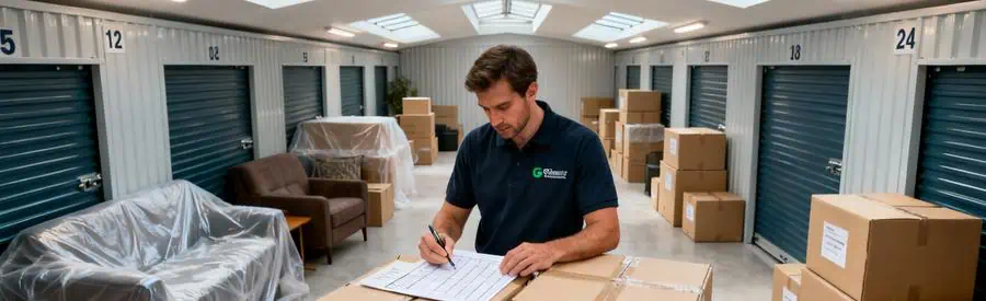 Déménageur organisant cartons dans box de garde-meuble sécurisé à Bordeaux pour stockage temporaire