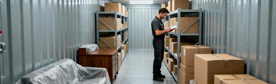 Espace de garde-meubles sécurisé avec cartons et mobilier protégé organisés méthodiquement à Tours