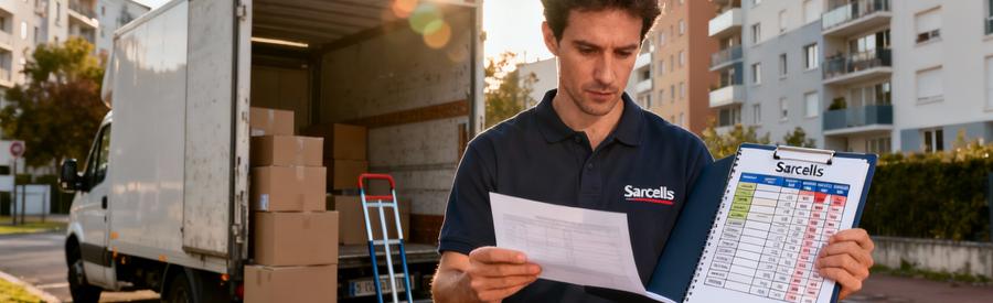 Déménageur consultant grille tarifaire détaillée près de son camion dans quartier résidentiel de Sarcelles