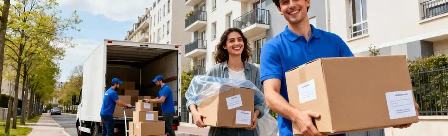 Couple et déménageurs transportant cartons devant immeuble moderne à Montreuil, ambiance optimiste d'emménagement