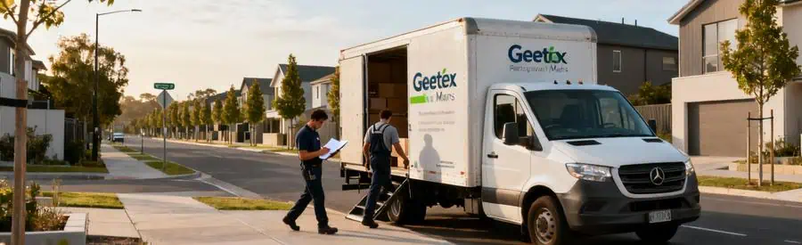 Camion de déménagement professionnel intervenant dans un quartier résidentiel du Mans avec déménageurs