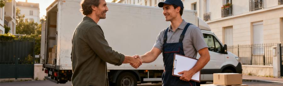 Déménageur professionnel accueillant un client devant son camion dans une rue résidentielle de Saint-Denis