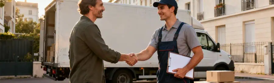 Déménageur professionnel accueillant un client devant son camion dans une rue résidentielle de Saint-Denis
