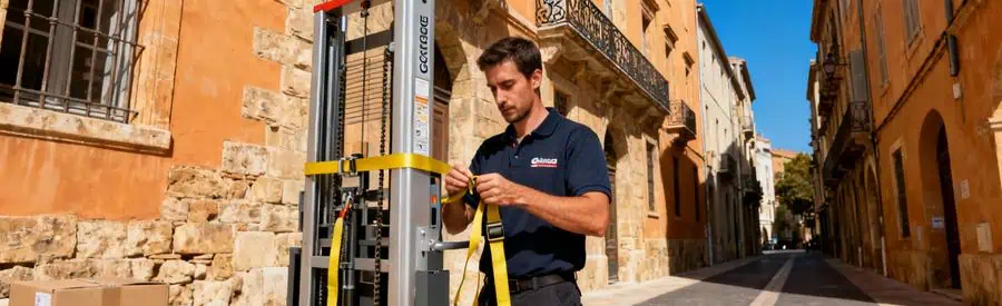 Déménageur installant un monte-meuble devant immeuble ancien du centre historique de Perpignan