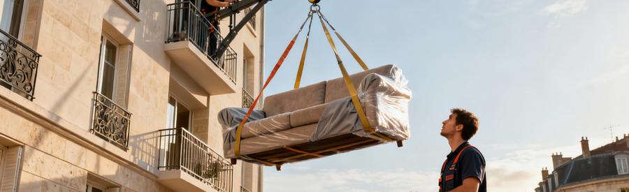 Déménageur utilisant un monte-meuble pour hisser un canapé protégé vers un étage élevé à Besançon