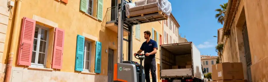 Déménageur utilisant un monte-meuble pour transporter mobilier vers étage supérieur à La Seyne-sur-Mer