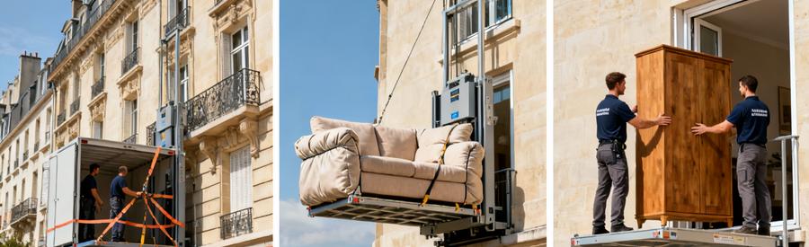 Monte-meuble professionnel transportant meubles volumineux vers étages immeuble sans ascenseur Vitry-sur-Seine