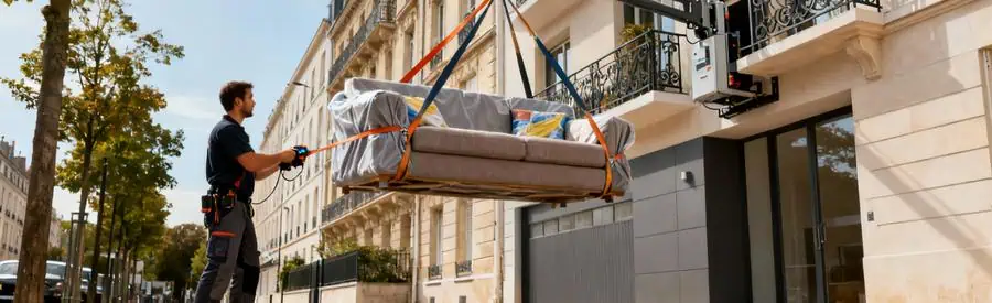 Déménageur utilisant un monte-meubles pour hisser un canapé vers un étage élevé à Chatou