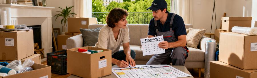 Client et déménageur planifiant ensemble un déménagement à Brunoy avec calendrier et cartons organisés