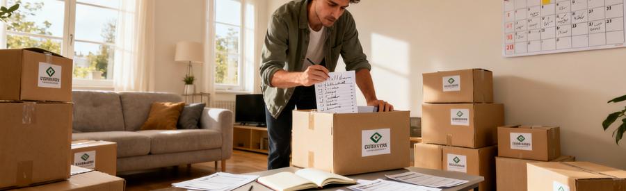 Organisation Anticipee Demenagement Champs Marne Personne organisant son déménagement à Champs-sur-Marne avec cartons étiquetés et dossiers de professionnels