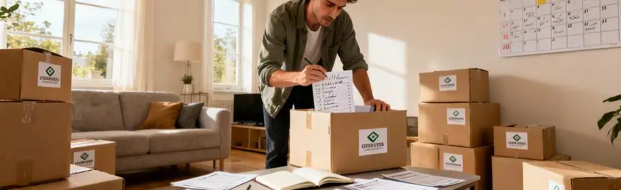 Personne organisant son déménagement à Champs-sur-Marne avec cartons étiquetés et dossiers de professionnels