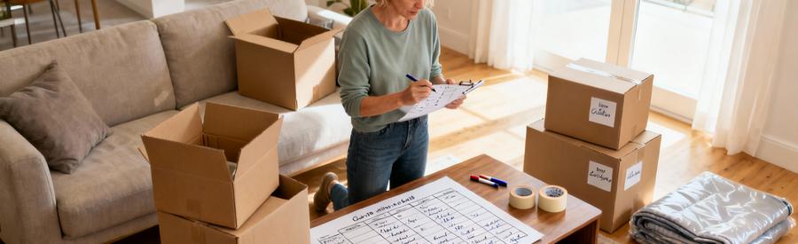 Personne organisant méthodiquement son déménagement avec planning et cartons dans salon orléanais lumineux