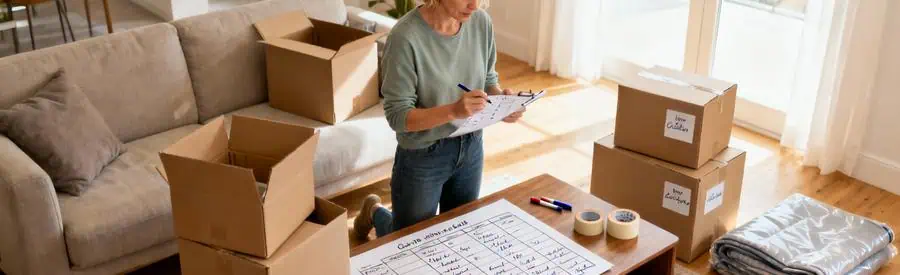 Organisation Anticipee Demenagement Orleans Personne organisant méthodiquement son déménagement avec planning et cartons dans salon orléanais lumineux