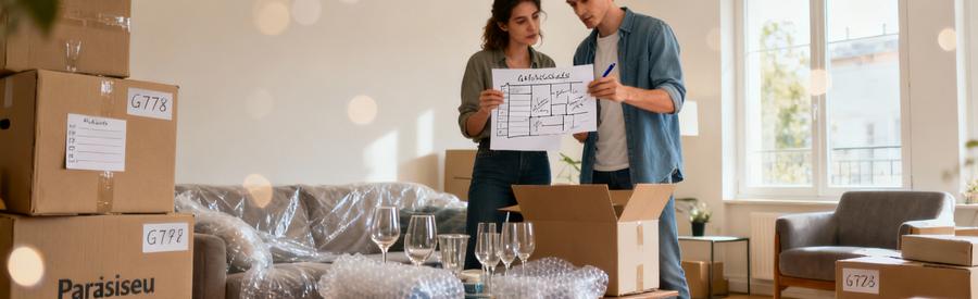 Couple organisant méthodiquement leur déménagement à Palaiseau avec cartons étiquetés et checklist de préparation