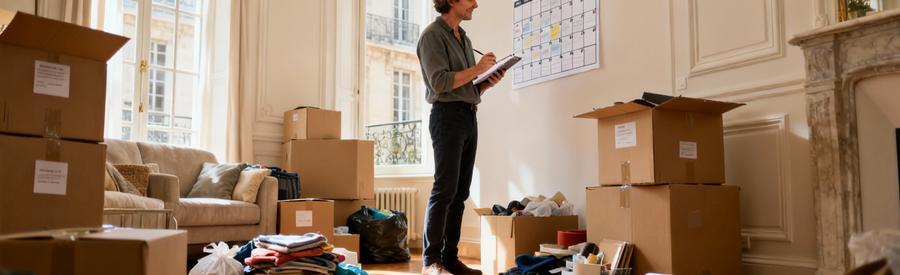 Personne organisant et triant méthodiquement ses affaires plusieurs semaines avant son déménagement à Saint-Germain