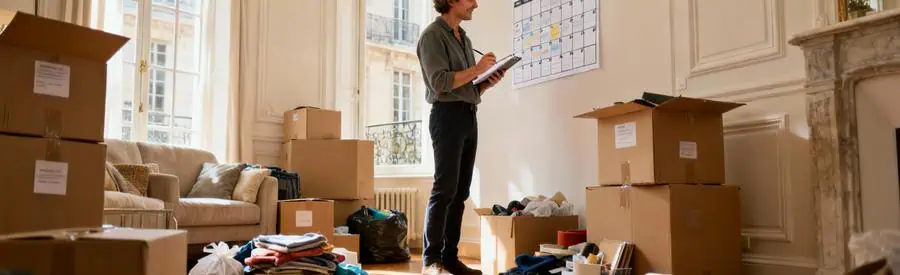 Personne organisant et triant méthodiquement ses affaires plusieurs semaines avant son déménagement à Saint-Germain