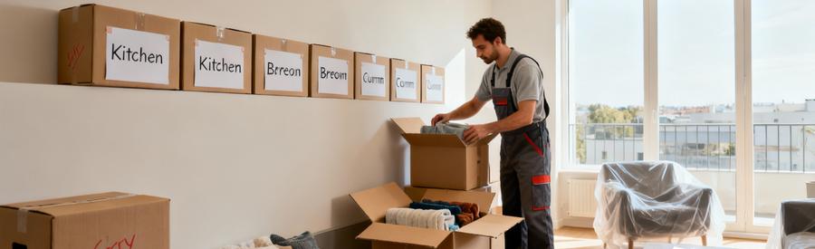Déménageur organisant des cartons étiquetés par pièce dans un appartement à Cergy pour un transfert méthodique