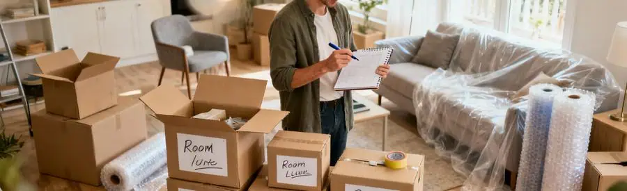 Personne organisant cartons étiquetés pour déménagement bien préparé à Montigny-le-Bretonneux